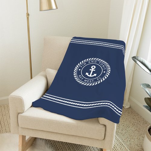 Nautical Navy  White Anchor  Custom Boat Name Fleece Blanket