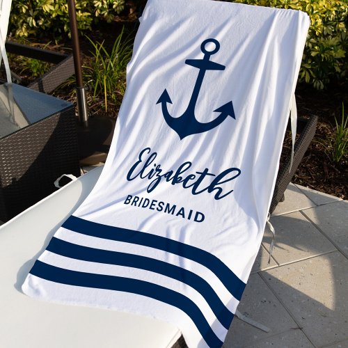 Nautical Navy White Anchor Custom Bridesmaid Name Beach Towel
