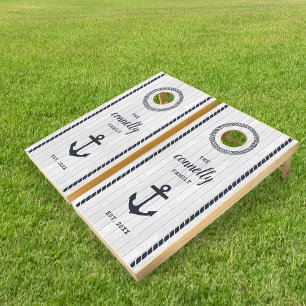Nautical Navy & White Anchor Family Name Cornhole Set