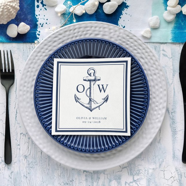 Nautical Navy White Anchor Monogram Wedding Napkins (Creator Uploaded)