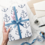 Nautical Navy White Anchor Monogram Wedding Wrapping Paper<br><div class="desc">This wrapping paper is perfect for nautical weddings,  birthdays,  or any other coastal themed event. It features a repeating pattern of navy blue anchors with monogram initials,  on a white background.</div>