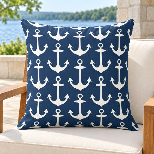 Nautical Navy White Anchor Repeat Pattern Outdoor Pillow