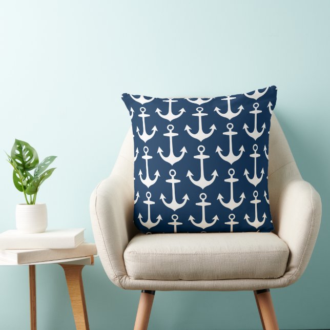 Nautical Navy White Anchor Repeat Pattern Throw Pillow (Chair)