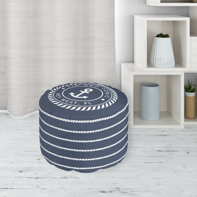 Nautical Navy & White Anchor Stripe Boat Name Pouf