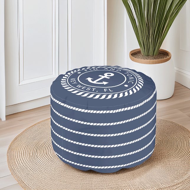 Nautical Navy & White Anchor Stripe Boat Name Pouf (Creator Uploaded)