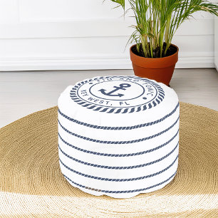 Nautical Navy & White Anchor Stripe Boat Name Pouf