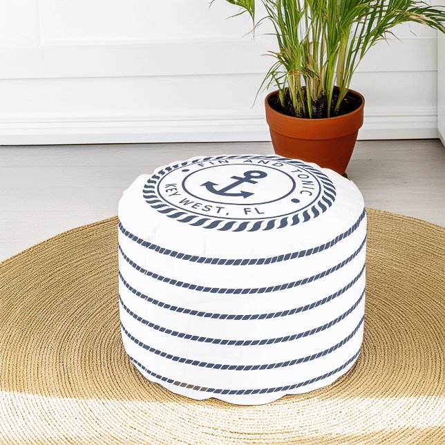 Nautical Navy & White Anchor Stripe Boat Name Pouf (Creator Uploaded)