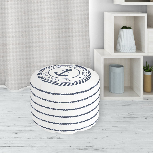 Nautical Navy & White Anchor Stripe Boat Name Pouf