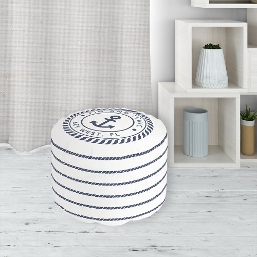 Nautical Navy  White Anchor Stripe Boat Name Pouf