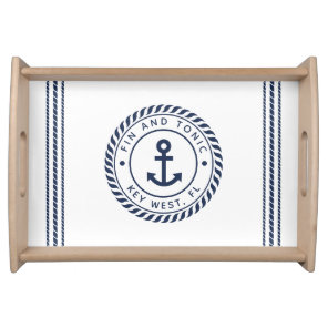 Nautical Navy & White Anchor Stripe Boat Name Serving Tray