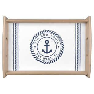 Nautical Navy & White Anchor Stripe Boat Name Serving Tray
