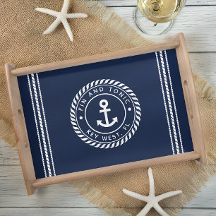 Nautical Navy & White Anchor Stripe Boat Name Serving Tray