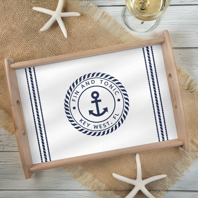 Nautical Navy & White Anchor Stripe Boat Name Serving Tray (Creator Uploaded)