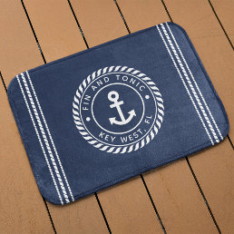 Nautical Navy &amp; White Anchor | Your Boat Name Bath Mat