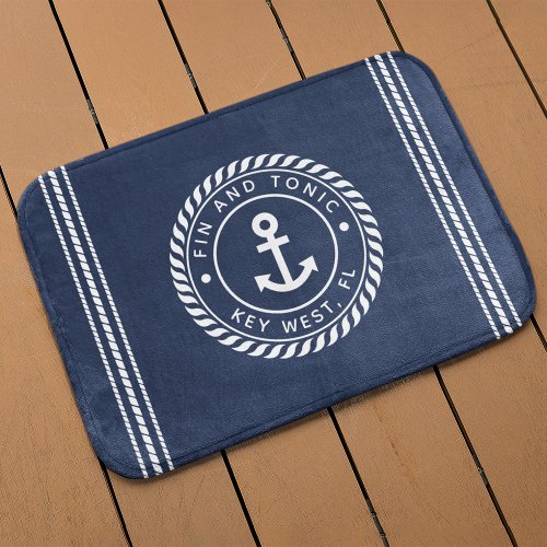 Nautical Navy  White Anchor  Your Boat Name Bath Mat