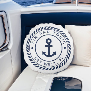 Nautical Navy & White Anchor Your Boat Name Round Pillow