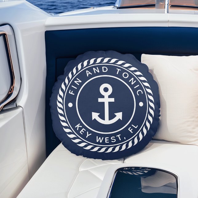 Nautical Navy & White Anchor | Your Boat Name Round Pillow (Creator Uploaded)