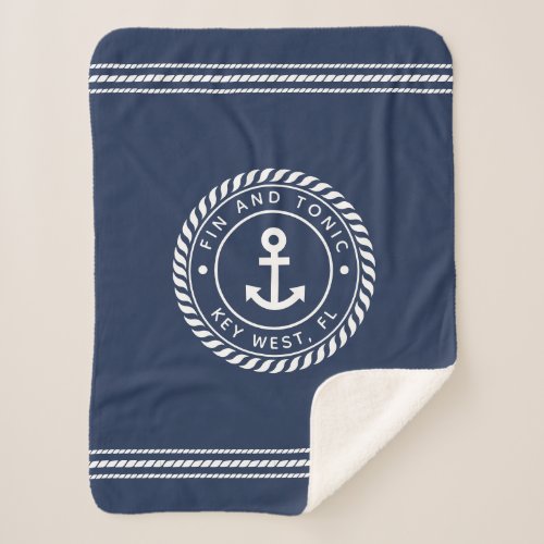 Nautical Navy  White Anchor  Your Boat Name Sherpa Blanket