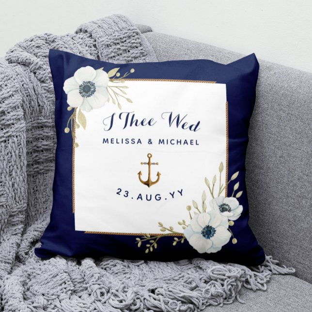 Nautical Navy & White Anemones Ring Bearer Throw Pillow (Nautical Wedding Ring Bearer Keepsake Pillow with Watercolor White Anemone Flowers and Anchor)