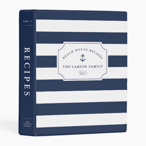 Nautical Navy  White Beach House Recipe Mini Binder