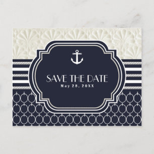 Nautical Navy & White Beach Wedding Save the Date Announcement Postcard