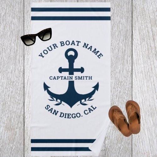 Nautical Navy White Boat Name Beach Towel