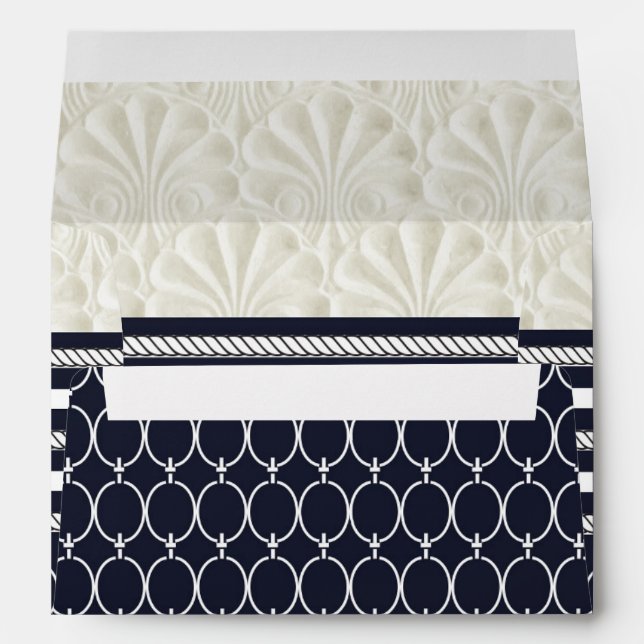 Nautical Navy & White Elegant Beach Wedding Envelope (Back (Bottom))