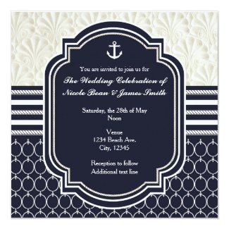 Nautical Navy & White Elegant Beach Wedding Invitation