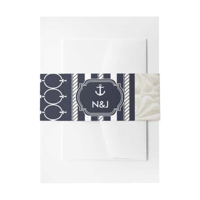Nautical Navy & White Elegant Beach Wedding Invitation Belly Band (Front Example)