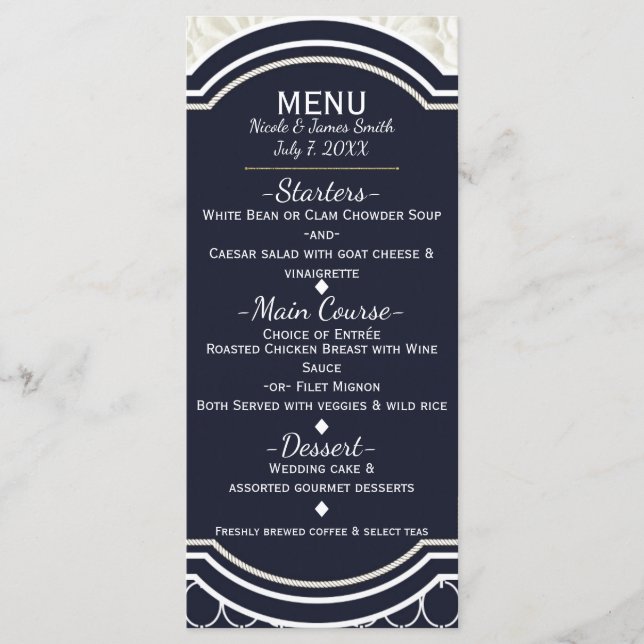 Nautical Navy & White Elegant Beach Wedding Menu (Front)