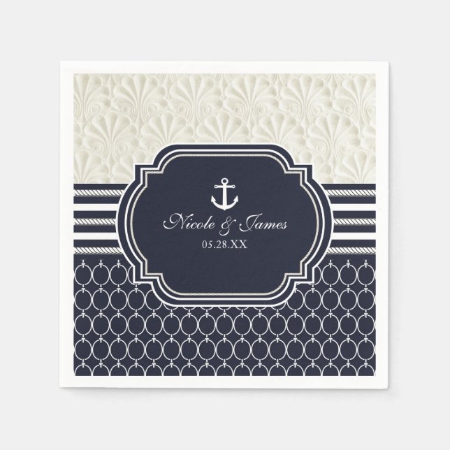 Nautical Navy & White Elegant Beach Wedding Napkins (Front)