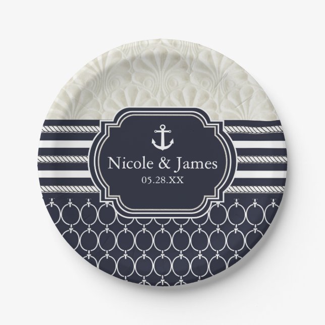Nautical Navy & White Elegant Beach Wedding Paper Plates (Front)