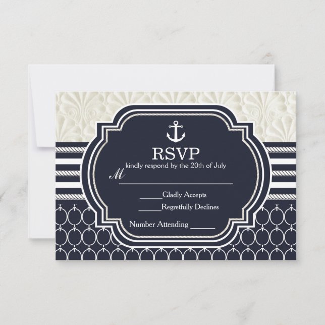 Nautical Navy & White Elegant Beach Wedding RSVP Card (Front)