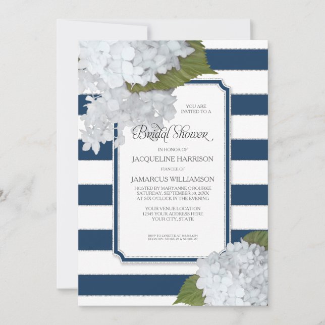 Nautical Navy White Hydrangea Modern Bridal Shower Invitation (Front)