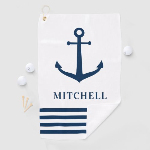 Nautical Navy White Personalized Name Boat Anchor Golf Towel