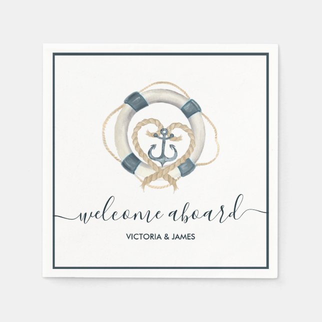 Nautical Navy & White Personalized Wedding Paper Napkins (Front)