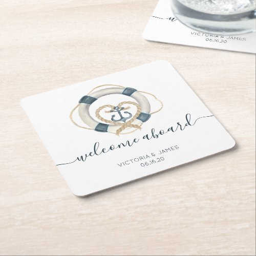 Nautical Navy  White Personalized Wedding Square Paper Coaster