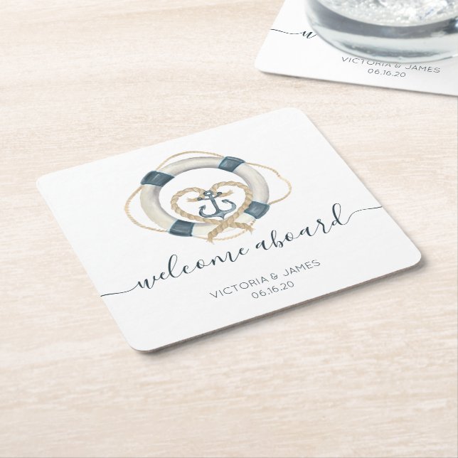 Nautical Navy & White Personalized Wedding Square Paper Coaster (Angled)