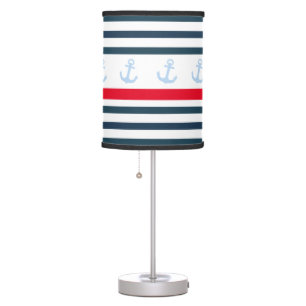 Nautical Navy White Red Stripe Anchor Table Lamp