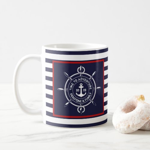 Nautical Navy White Red TIME TO ADVENTURE Custom Coffee Mug