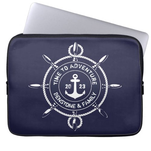 Nautical Navy White Red TIME TO ADVENTURE Stylish Laptop Sleeve