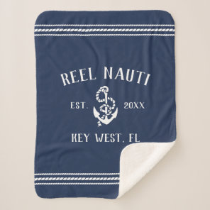 Nautical Navy & White Rustic Anchor Boat Name Sherpa Blanket