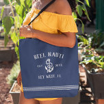 Nautical Navy & White Rustic Anchor Boat Name Tote Bag<br><div class="desc">Tote your gear to the marina with this awesome custom tote bag that you can easily customize with your boat name! Nautical design features a navy blue background with your boat's name, year established, and ship's registry in rustic white lettering with an anchor illustration. Rope stripe detailing along the bottom...</div>