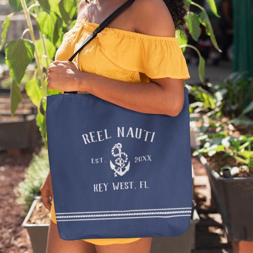Nautical Navy  White Rustic Anchor Boat Name Tote Bag