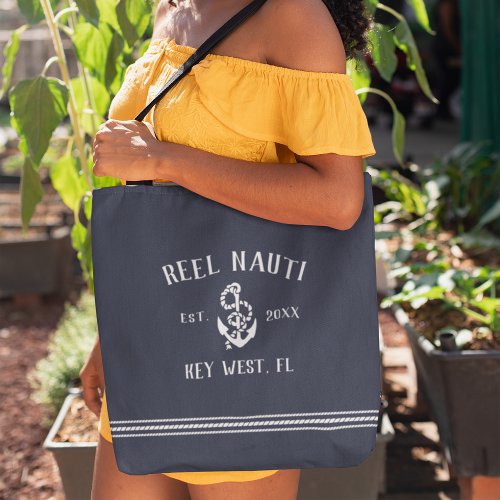 Nautical Navy  White Rustic Anchor Boat Name Tote Bag