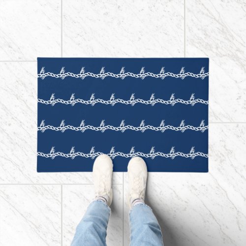 Nautical Navy white sailing rope waves pattern Doormat