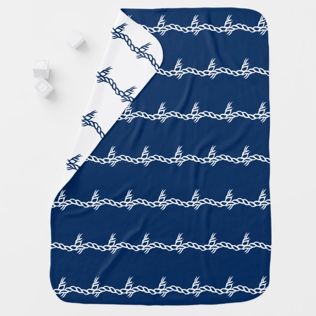 Nautical navy white sailing rope waves reversible baby blanket (In Situ)