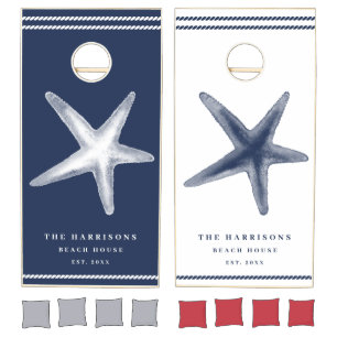 Nautical Navy White Starfish Beach Monogram Cornhole Set