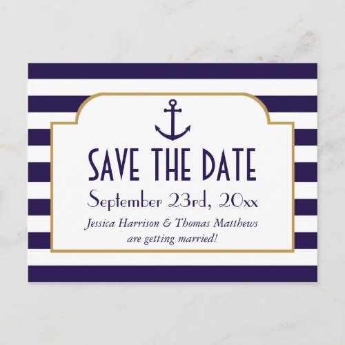 Nautical Navy  White Stripe Anchor Save The Date Announcement Postcard