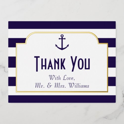 Nautical Navy  White Stripe Anchor Thank You Foil Invitation Postcard